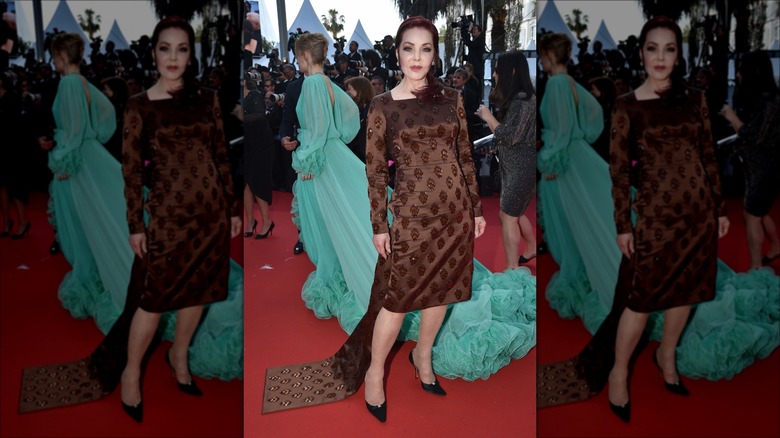Priscilla Presley posa in abito marrone a Cannes