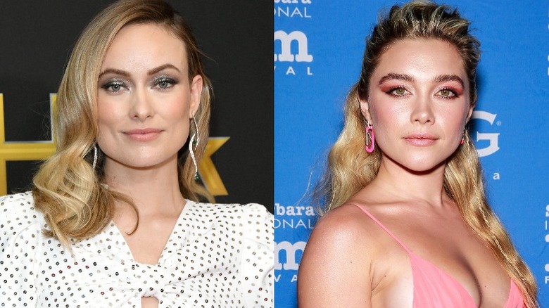 Olivia Wilde in top a pois;  Florence Pugh in completo rosa