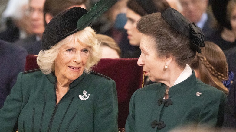 La regina consorte Camilla e la principessa Anna parlano