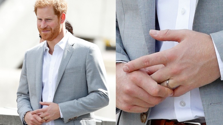 Il principe Harry in blazer grigio e fede nuziale